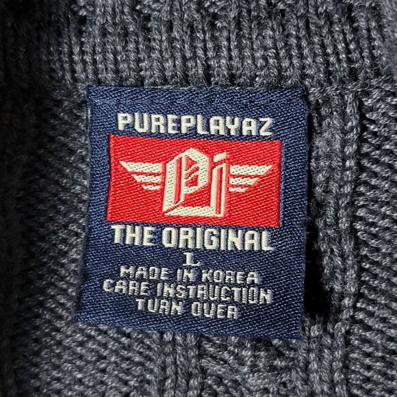 VTG Pure Playaz Mens Gray Y2K Hip Hop Spellout Cable Knit Turtleneck Sweater L - Picture 8 of 9